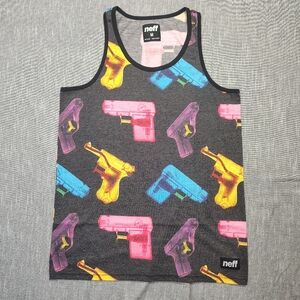 Neff Tank Top Shirt Size Medium Black Neon Toy Squirt Gun All Over Print Pattern